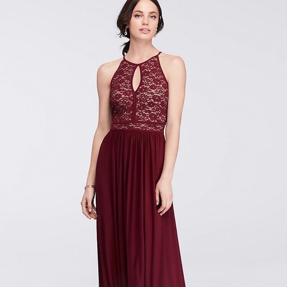 Lace Keyhole Tie Back Halter Dress- Wine